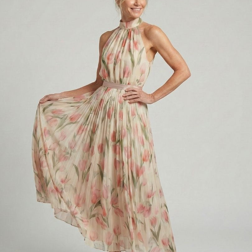 Women's Floral Halter Midi Dress | Graceful Flowing Summer Dress