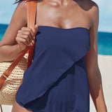 Strapless Ruffle Tankini - Navy