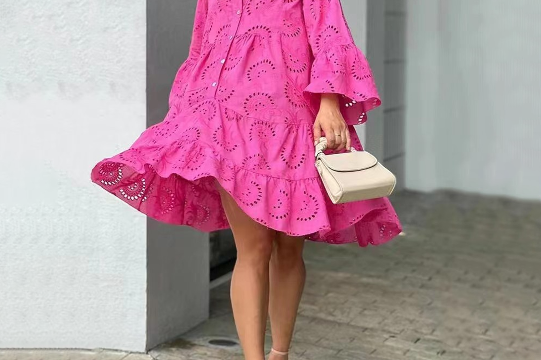 Women's Openwork Embroidered Summer Dress | Elegant Long-Sleeve V-Neck Dress