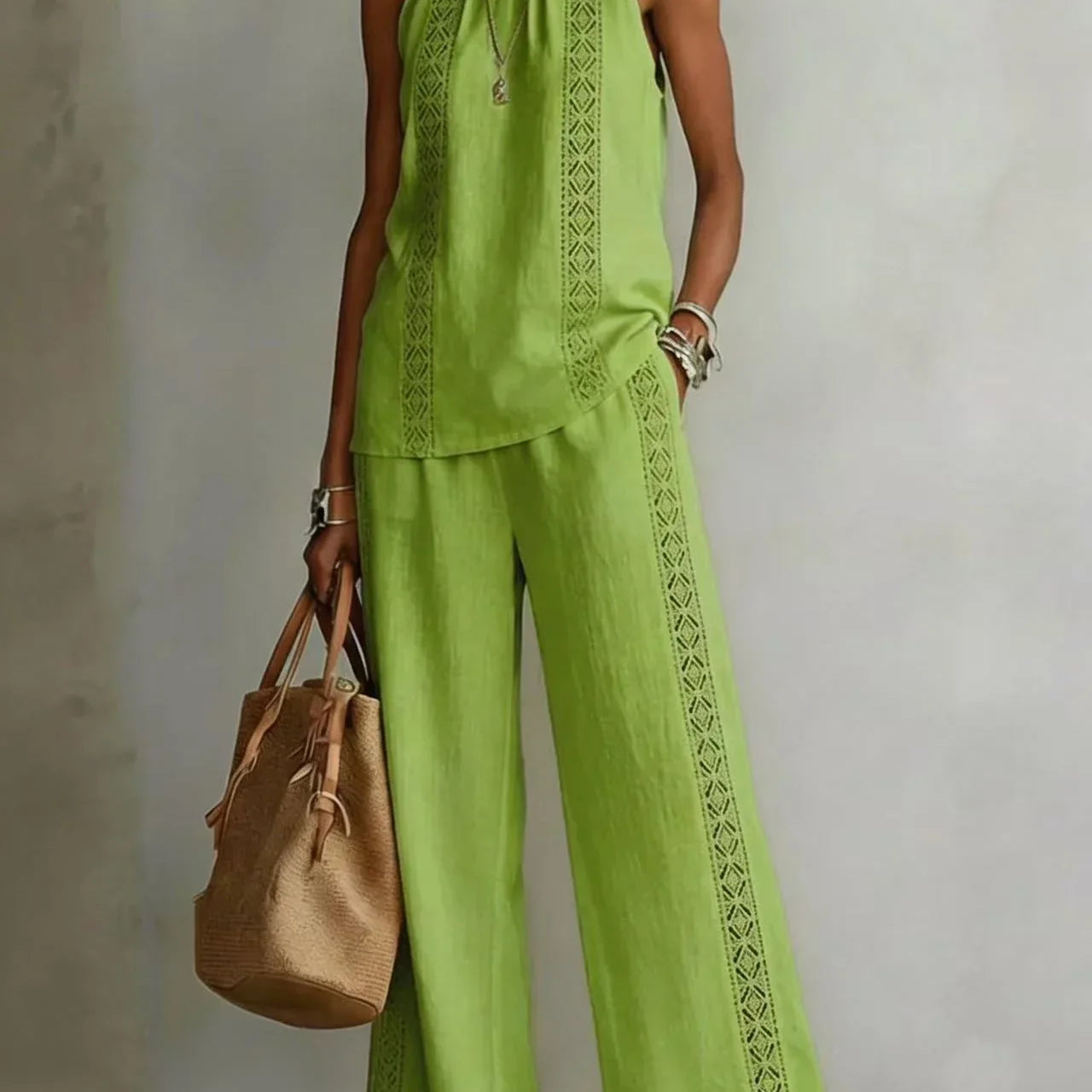 Women's Wide-Leg Trouser Set | Elegant Lace-Top Two-Piece Set