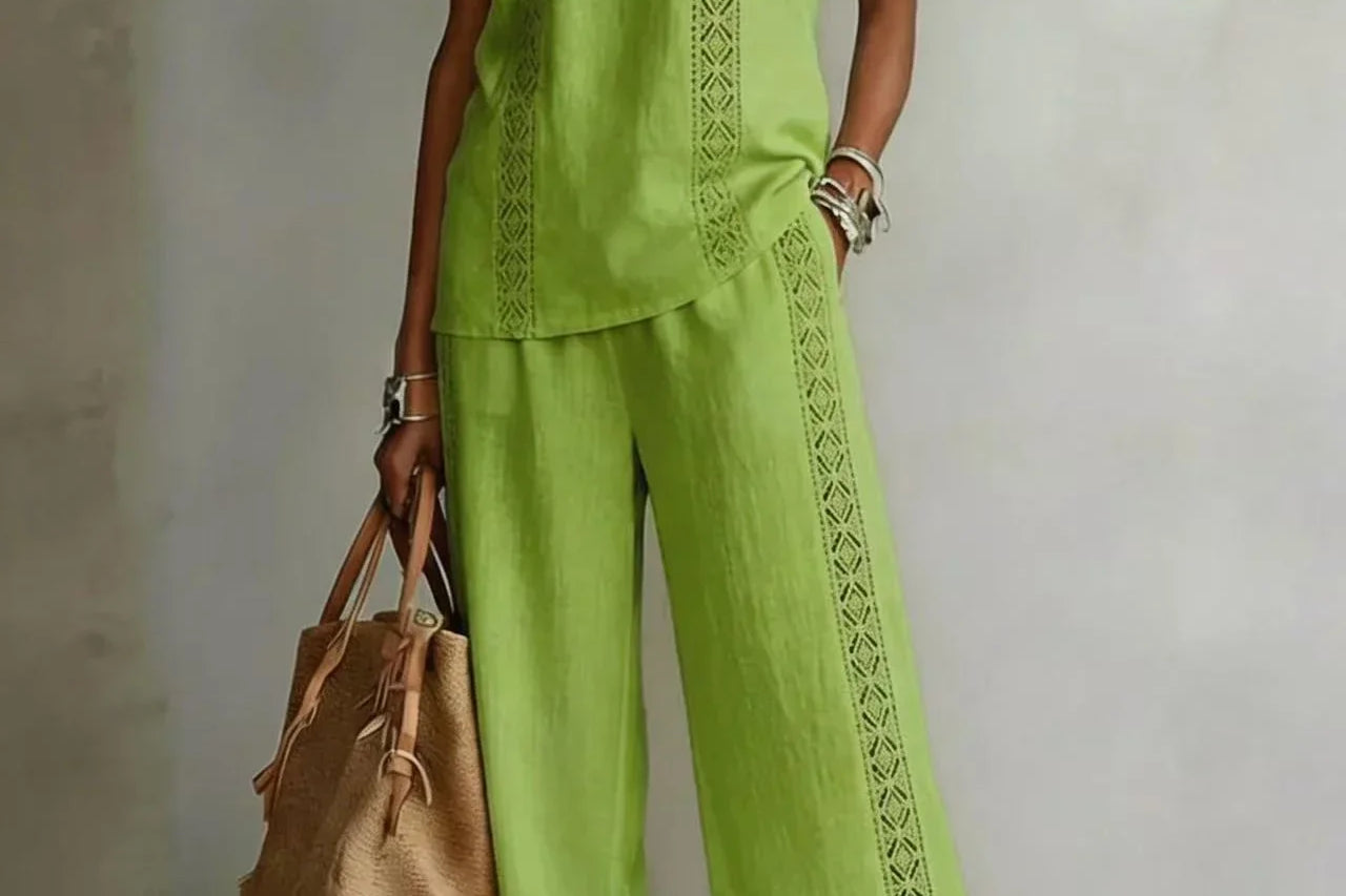 Women's Wide-Leg Trouser Set | Elegant Lace-Top Two-Piece Set
