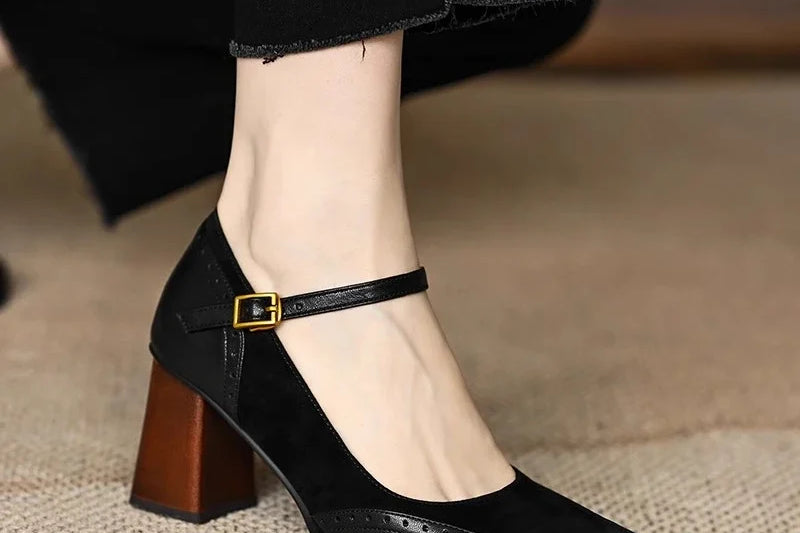 Women's Square Toe Block Heel Pumps | Ankle Strap Brogue Heels