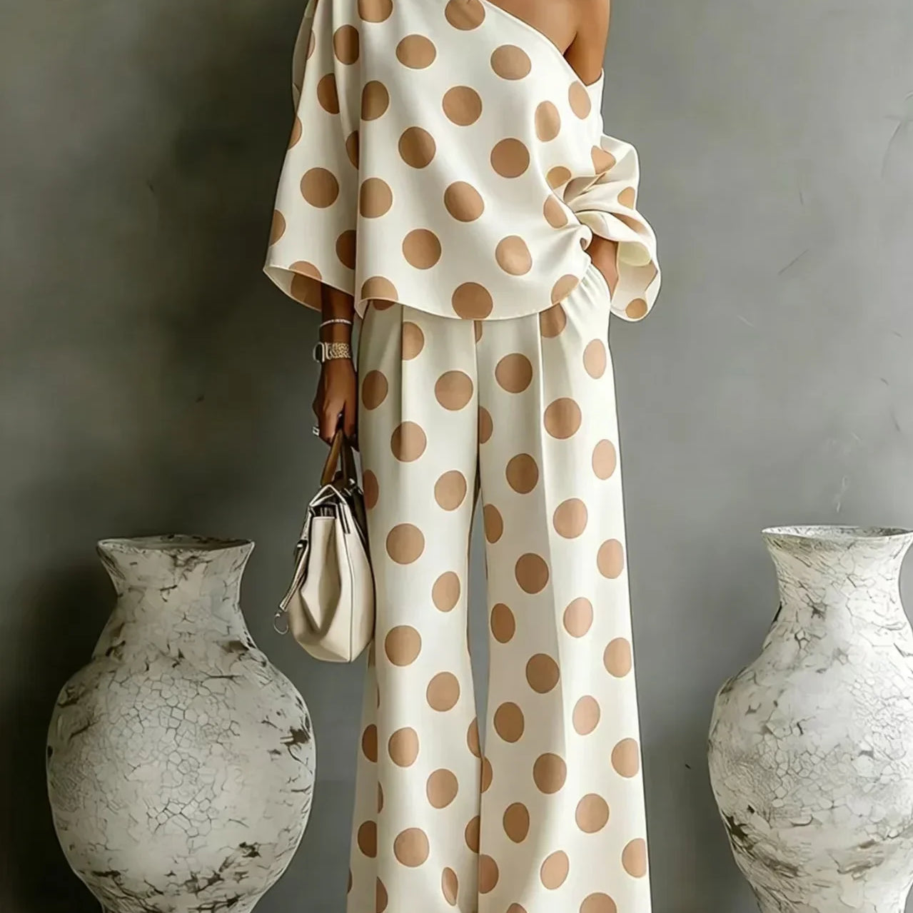 Women's Polka Dot One-Shoulder Set | Relaxed Wide-Leg Two-Piece Set