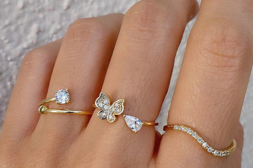 Women's Gold-Plated Stacking Ring Set | Adjustable Cubic Zirconia Stack Rings