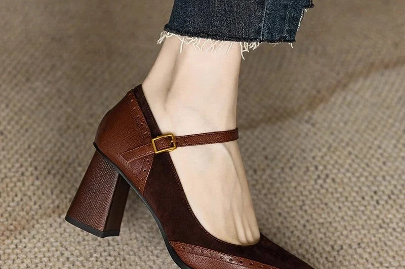 Women's Square Toe Block Heel Pumps | Ankle Strap Brogue Heels