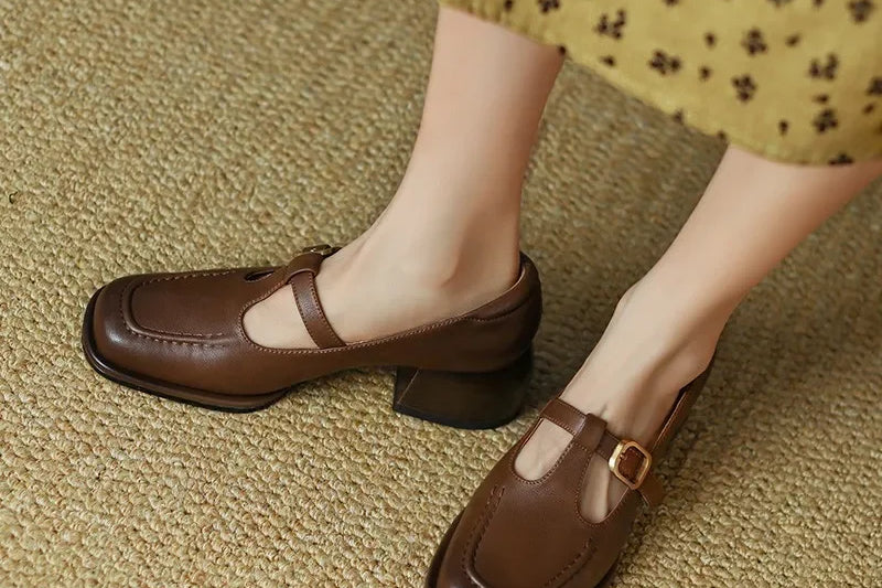 Women's T-Strap Mary Jane Shoes | Square Toe Low Block Heels