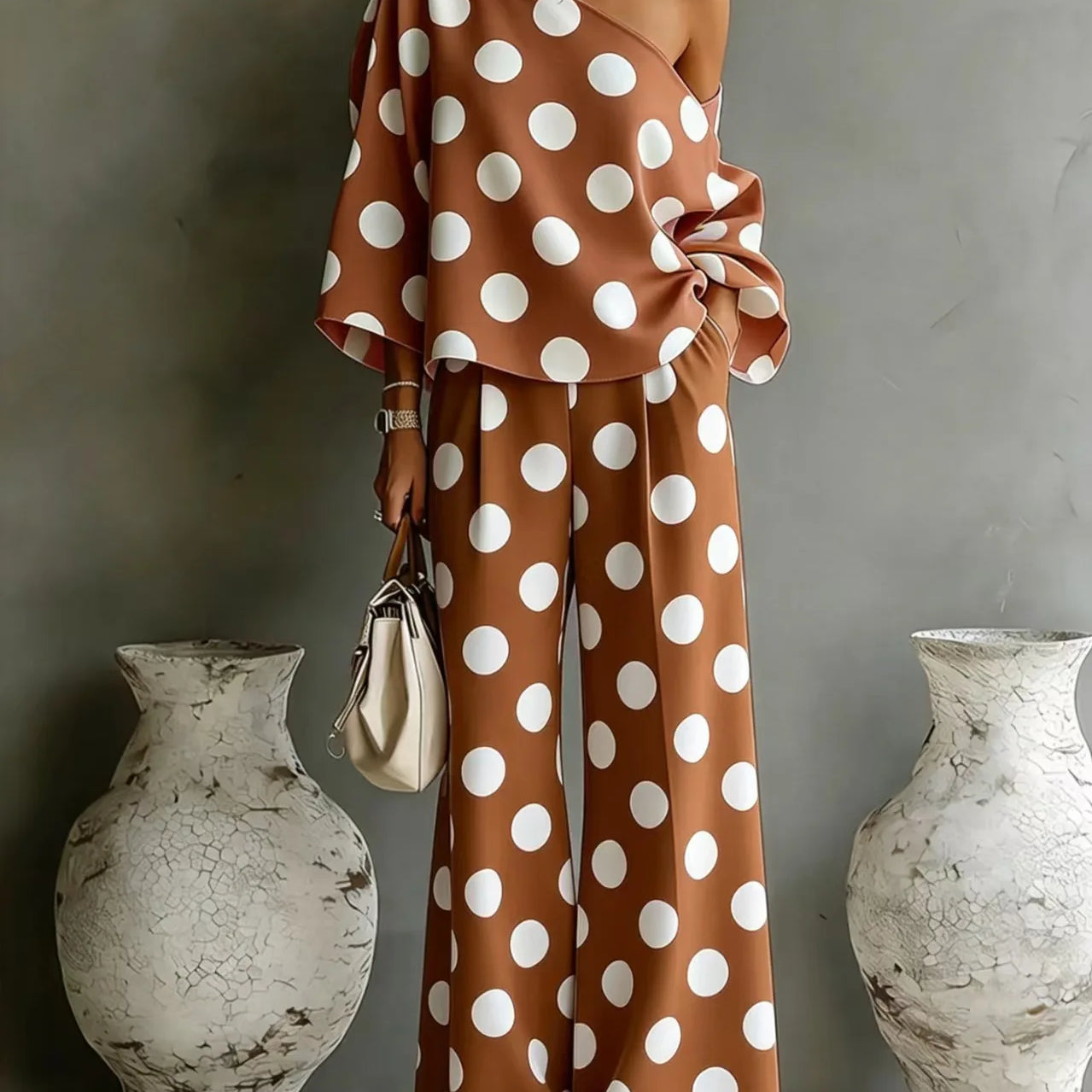 Women's Polka Dot One-Shoulder Set | Relaxed Wide-Leg Two-Piece Set