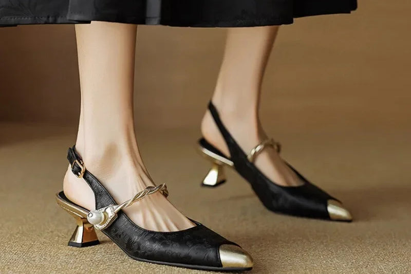 Women's Pearl Strap Slingback Kitten Heels | Pointed Toe Dress Pumps