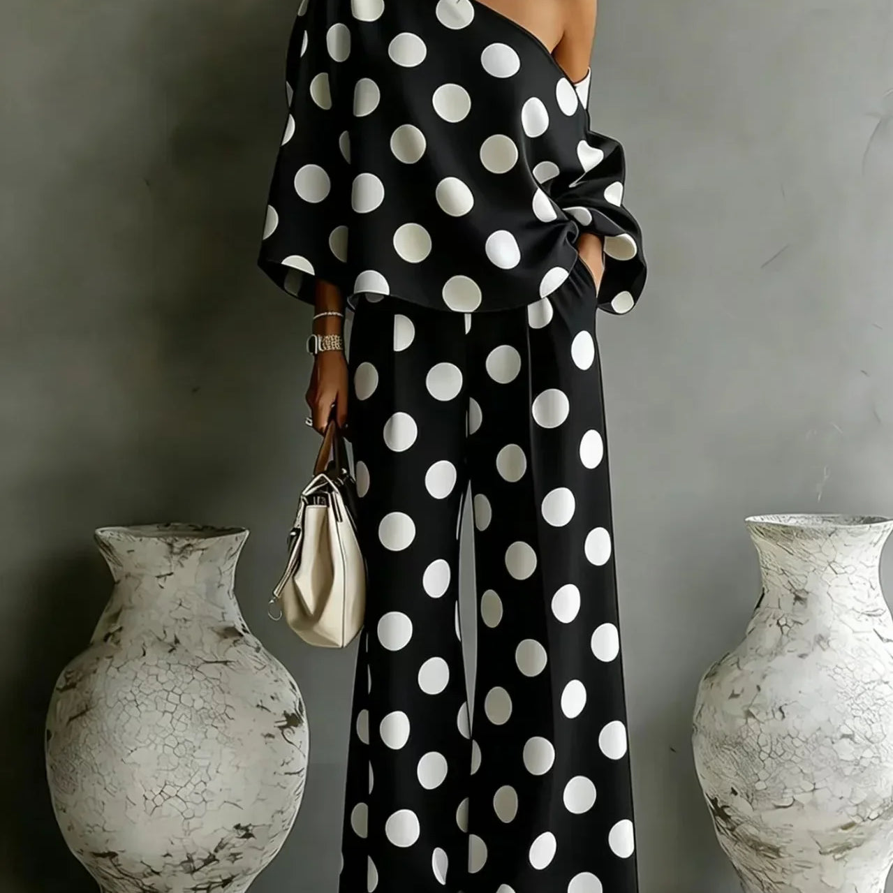 Women's Polka Dot One-Shoulder Set | Relaxed Wide-Leg Two-Piece Set