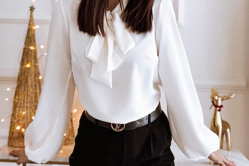 Women's Bow-Neck Long Sleeve Blouse | Elegant Puff-Sleeve Feminine Blouse