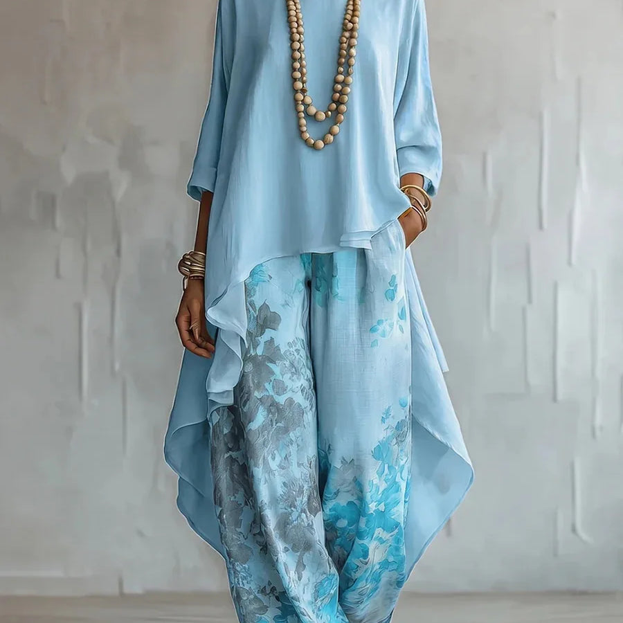 Harper | Women's Floral Print Asymmetrical Boho Wide Leg Pant Set