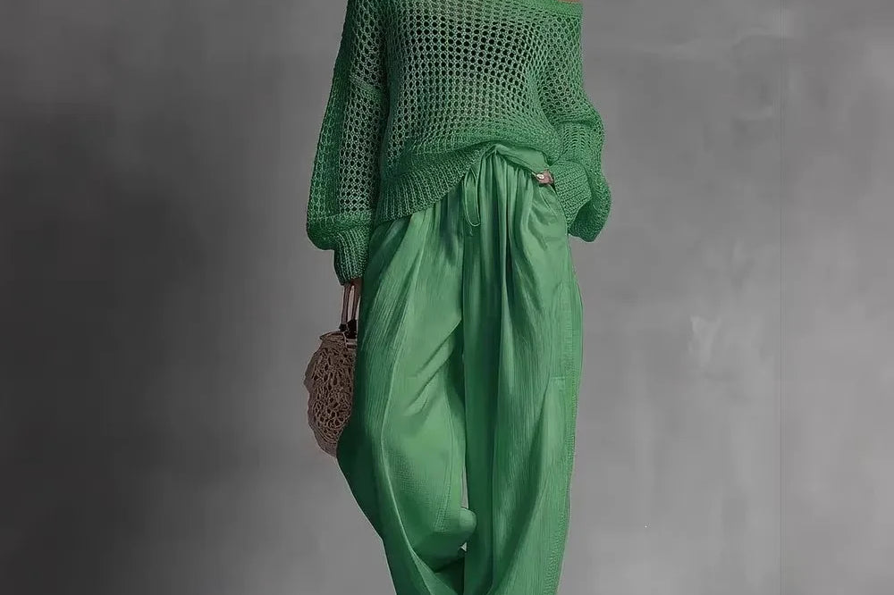Women's Off-Shoulder Wide-Leg Two-Piece Set | Elegant Textured Trouser Co-Ord