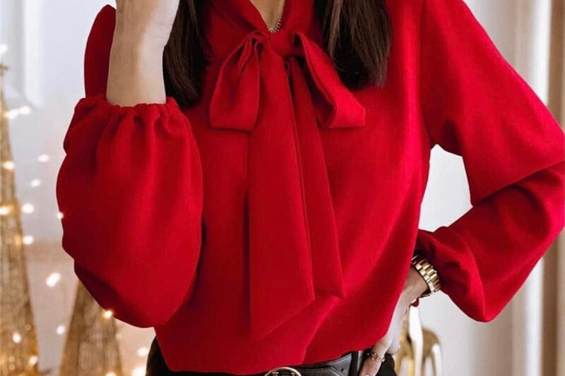 Women's Bow-Neck Long Sleeve Blouse | Elegant Puff-Sleeve Feminine Blouse
