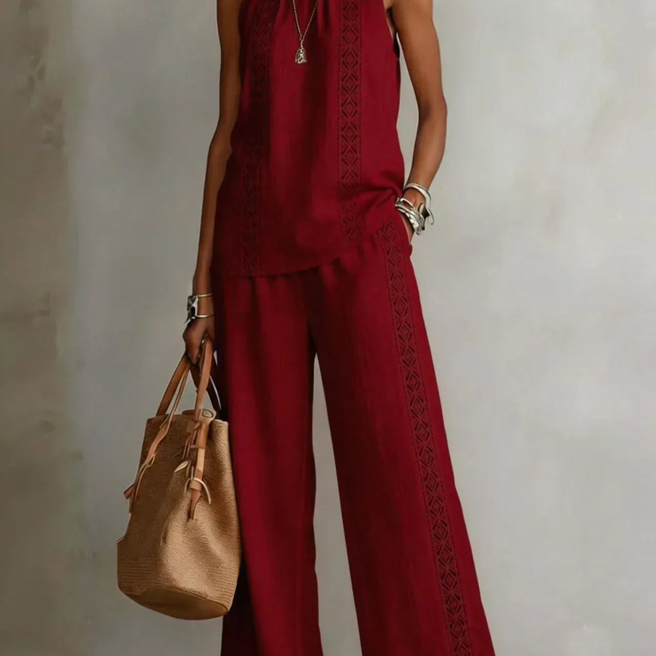Women's Wide-Leg Trouser Set | Elegant Lace-Top Two-Piece Set