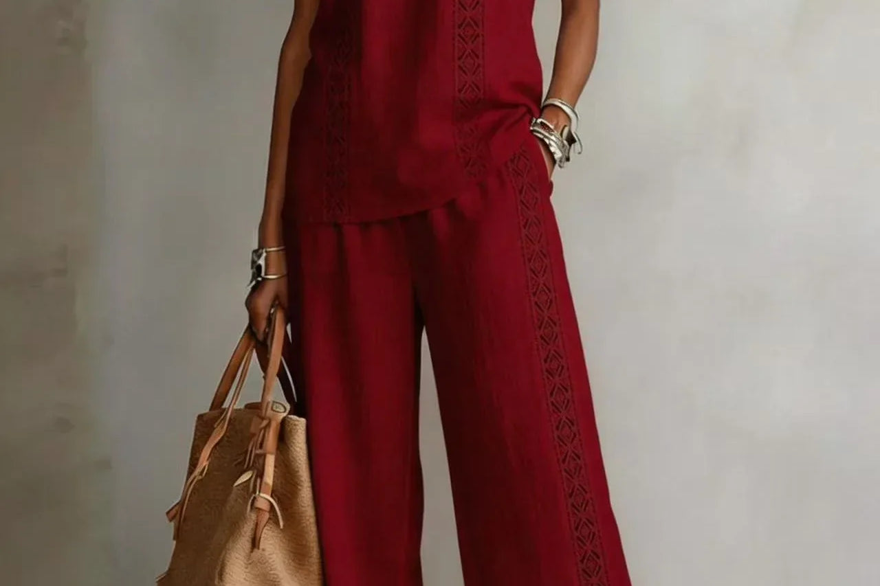 Women's Wide-Leg Trouser Set | Elegant Lace-Top Two-Piece Set