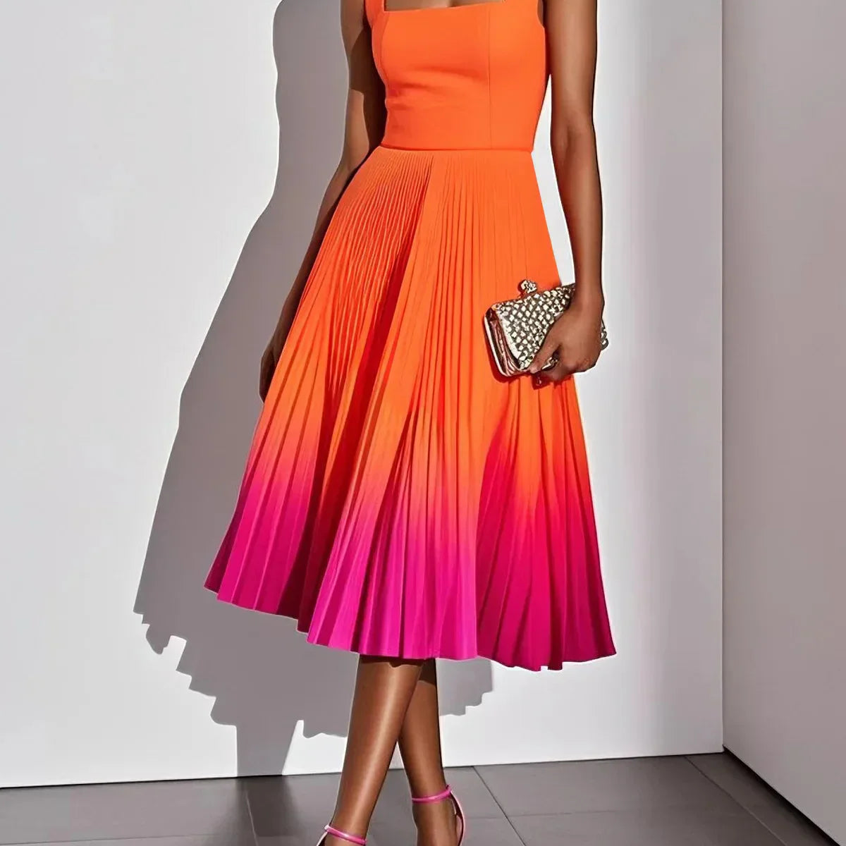 Women's Ombre Pleated Midi Dress | Flowing Sleeveless Party Dress