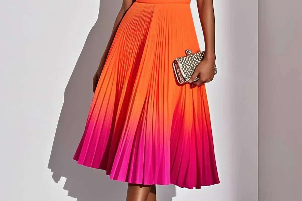 Women's Ombre Pleated Midi Dress | Flowing Sleeveless Party Dress
