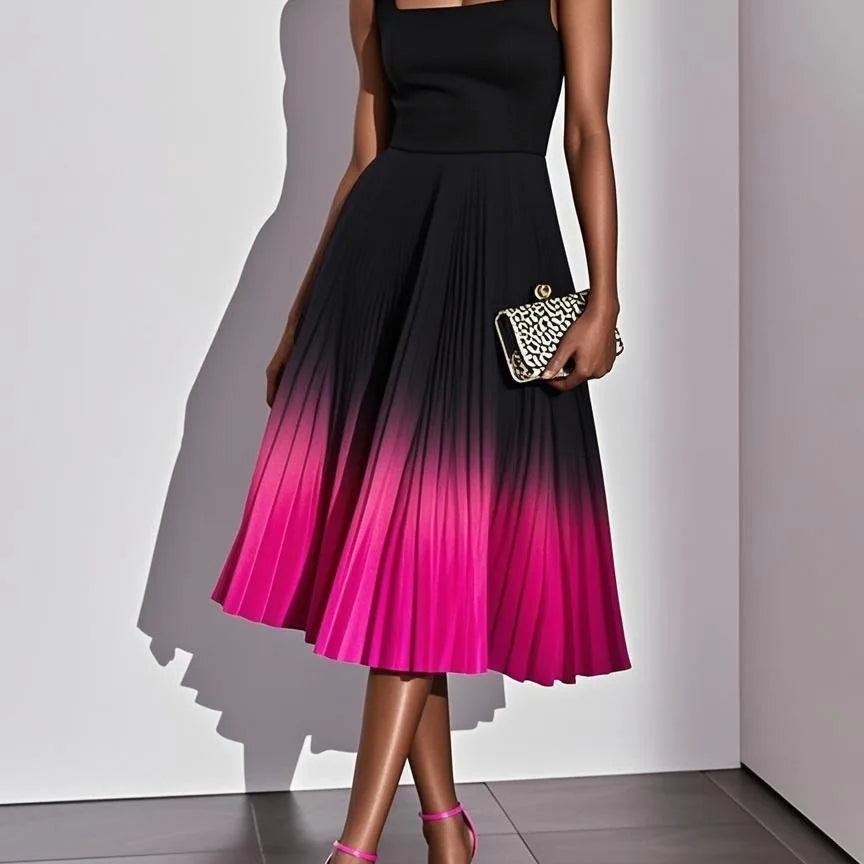 Women's Ombre Pleated Midi Dress | Flowing Sleeveless Party Dress