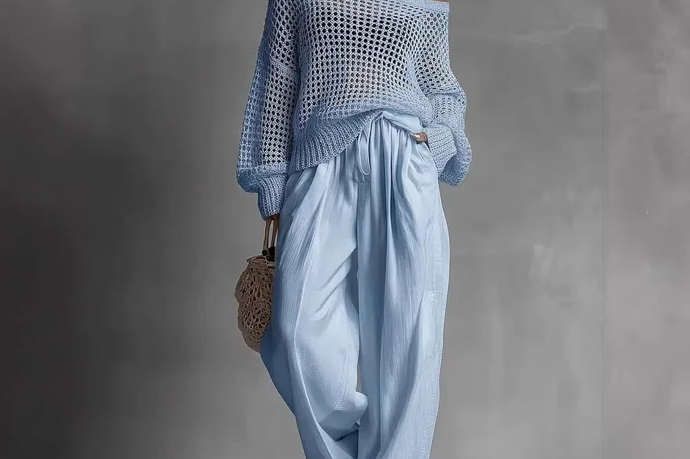 Women's Off-Shoulder Wide-Leg Two-Piece Set | Elegant Textured Trouser Co-Ord
