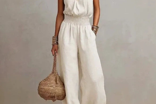 Women's Halter Wide-Leg Jumpsuit | Elegant Smocked-Waist One-Piece