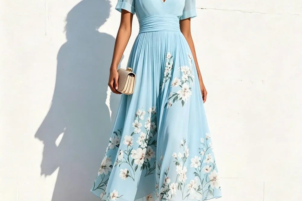 Paula - Women's Floral A-Line Midi Dress with Fitted Bodice