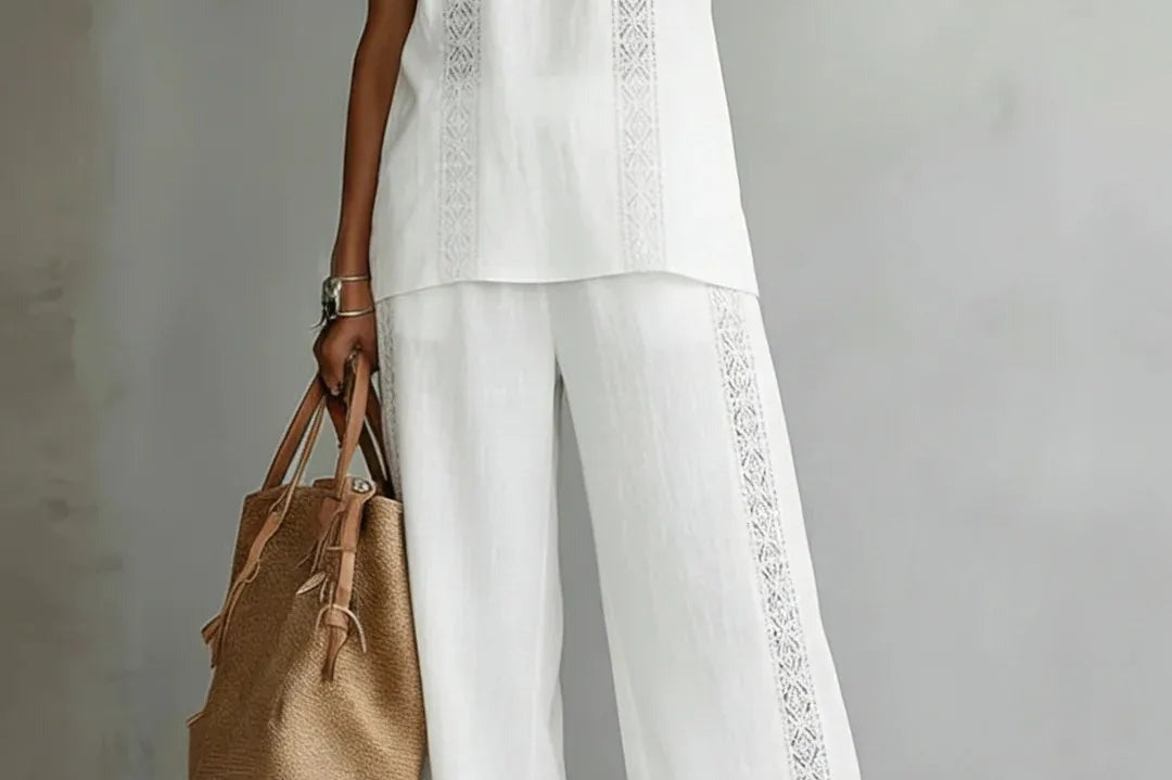Aubrey - Women's Lace-Top and Wide-Leg Trouser Set