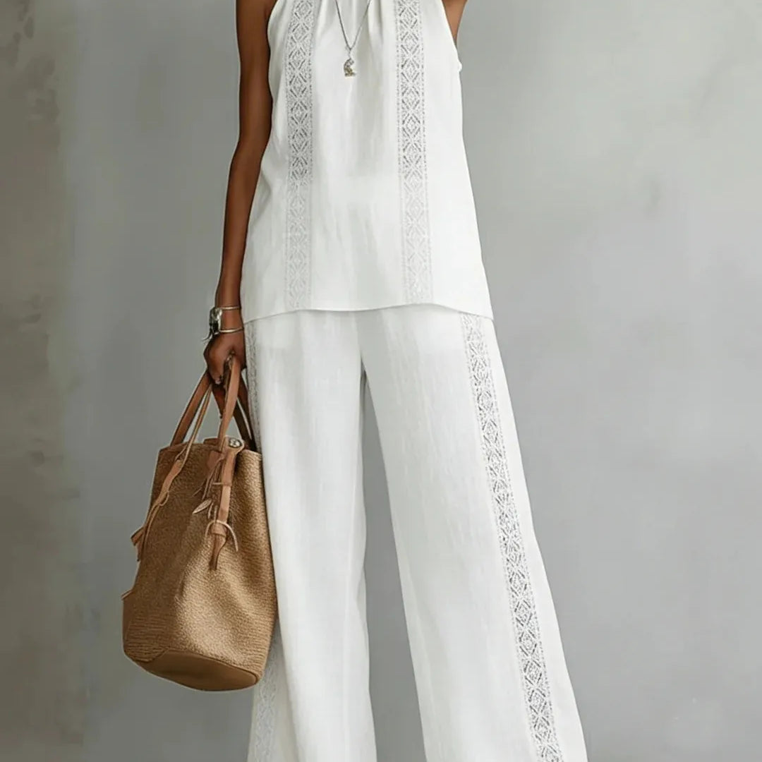 Women's Wide-Leg Trouser Set | Elegant Lace-Top Two-Piece Set
