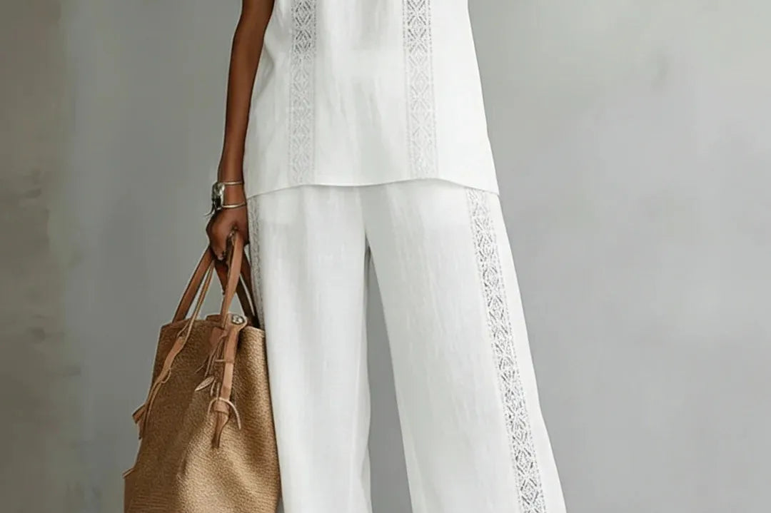 Women's Wide-Leg Trouser Set | Elegant Lace-Top Two-Piece Set