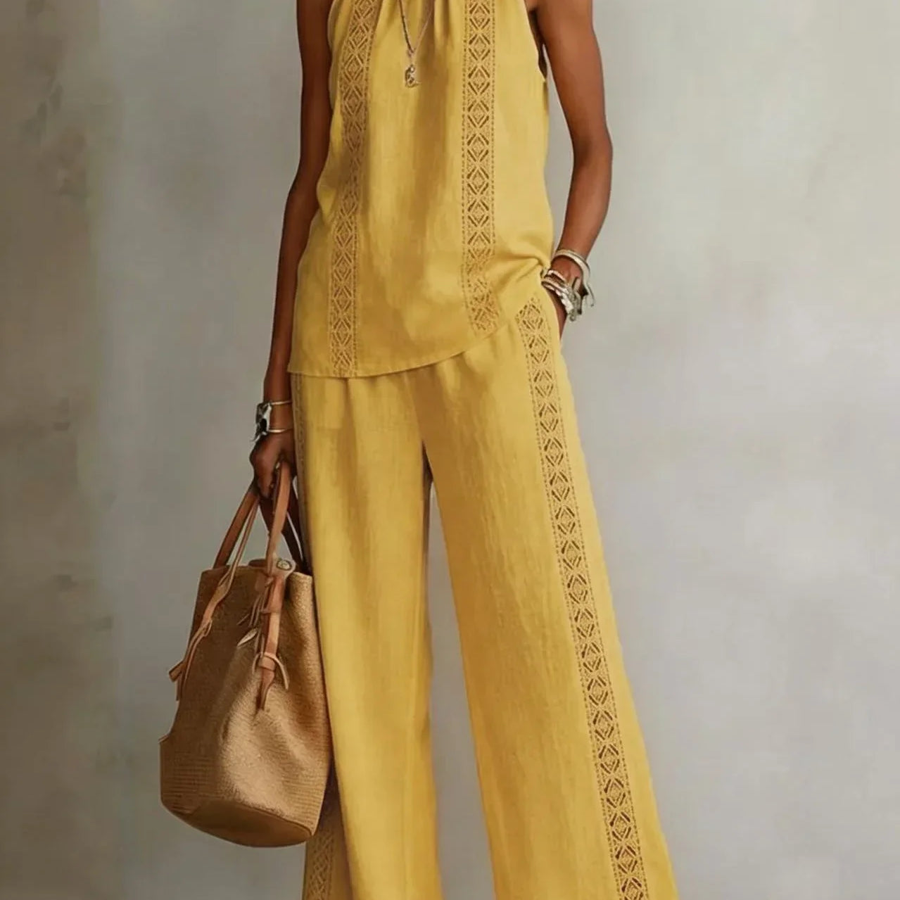 Women's Wide-Leg Trouser Set | Elegant Lace-Top Two-Piece Set