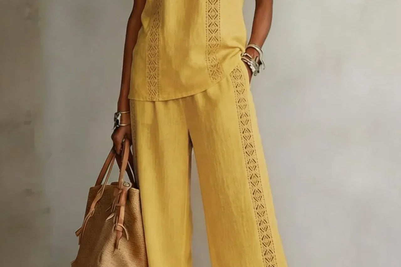 Women's Wide-Leg Trouser Set | Elegant Lace-Top Two-Piece Set