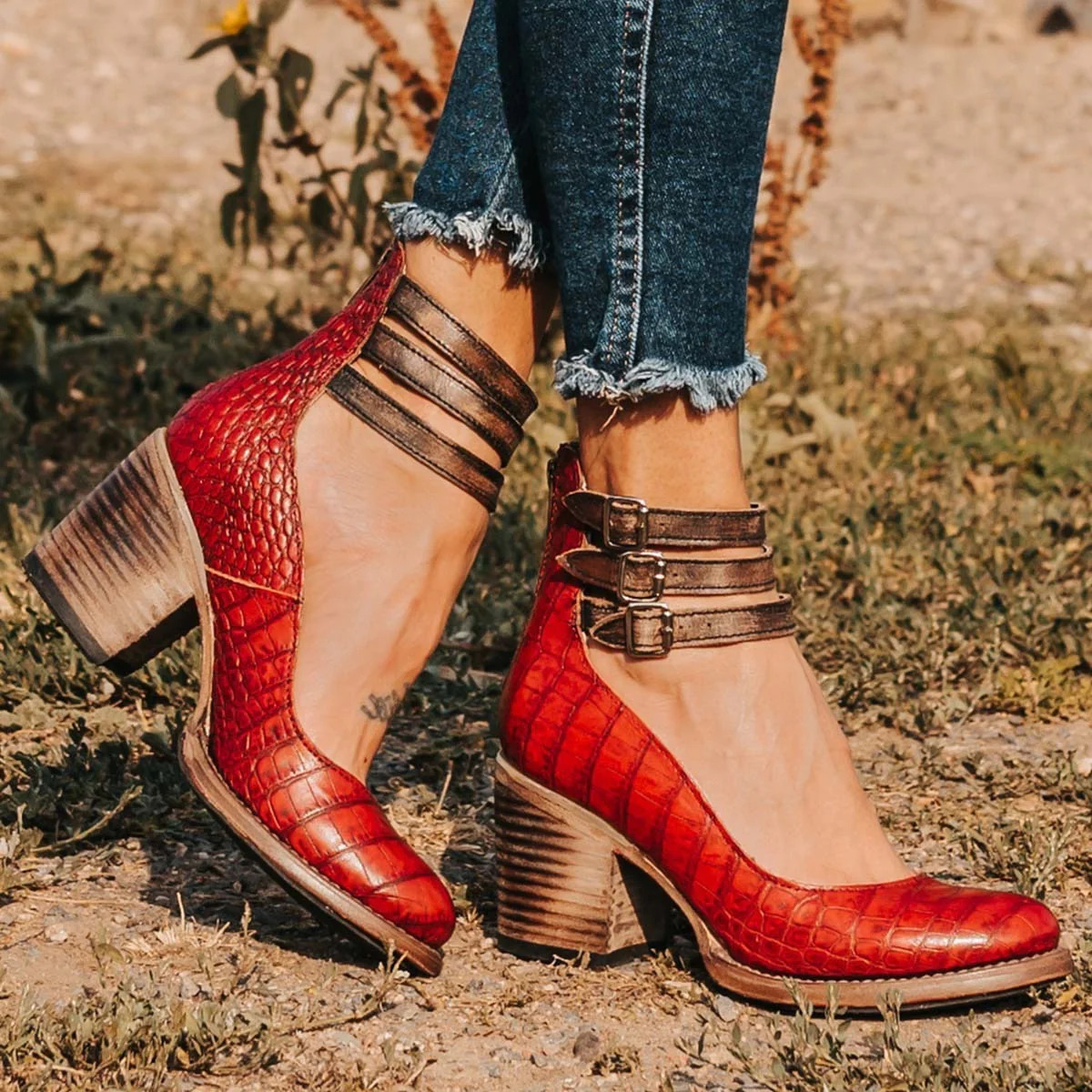 Sandals | Triple Ankle Strap Closed Toe Block Heel | Stylish Comfortable Footwear 5