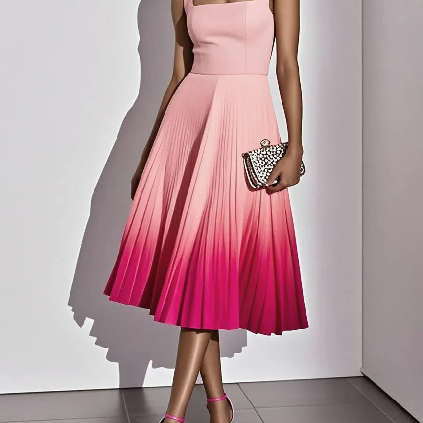 Women's Ombre Pleated Midi Dress | Flowing Sleeveless Party Dress