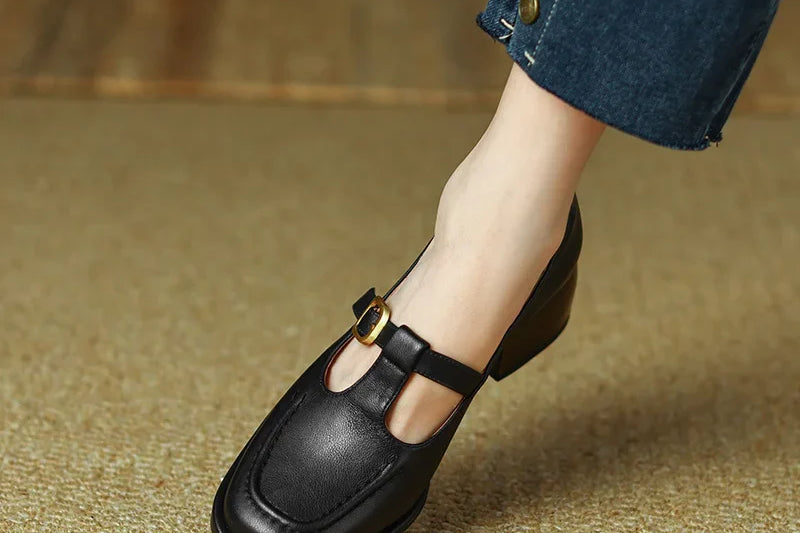 Women's T-Strap Mary Jane Shoes | Square Toe Low Block Heels
