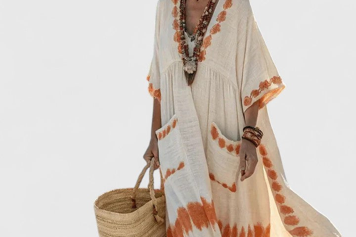 Women's Bohemian Printed Midi Dress | Relaxed Flowing V-Neck Dress