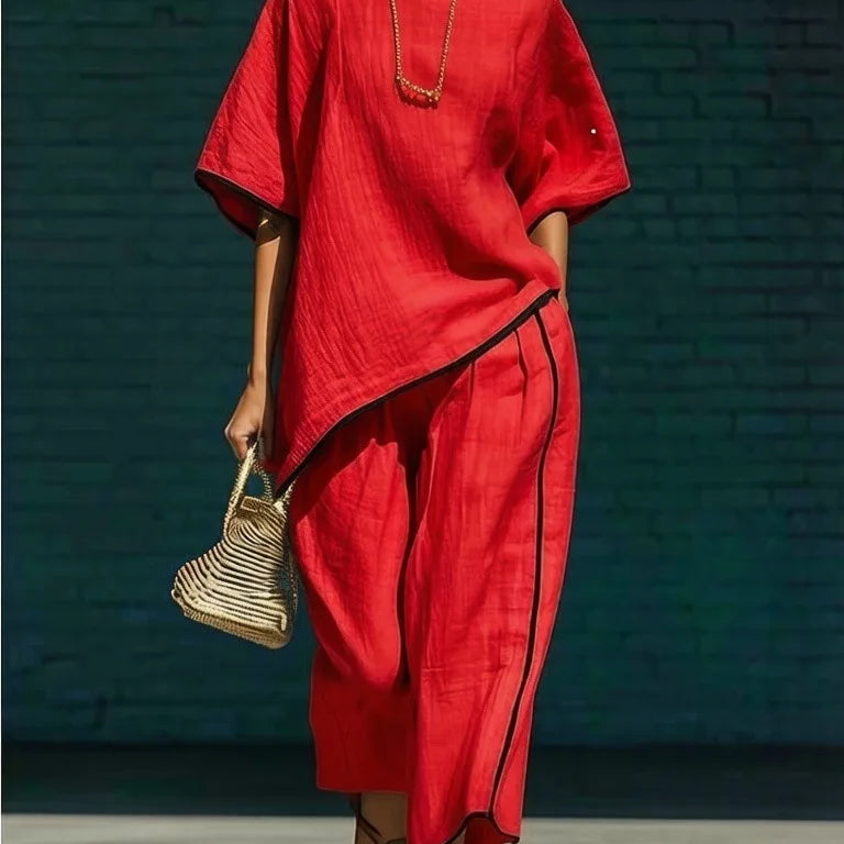 Women's Relaxed Co-Ord Set with Top and Wide-Leg Pants