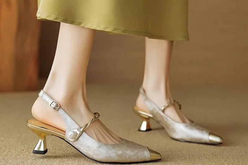 Women's Pearl Strap Slingback Kitten Heels | Pointed Toe Dress Pumps