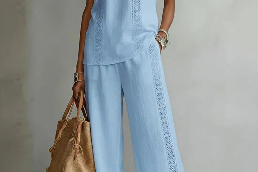 Women's Wide-Leg Trouser Set | Elegant Lace-Top Two-Piece Set