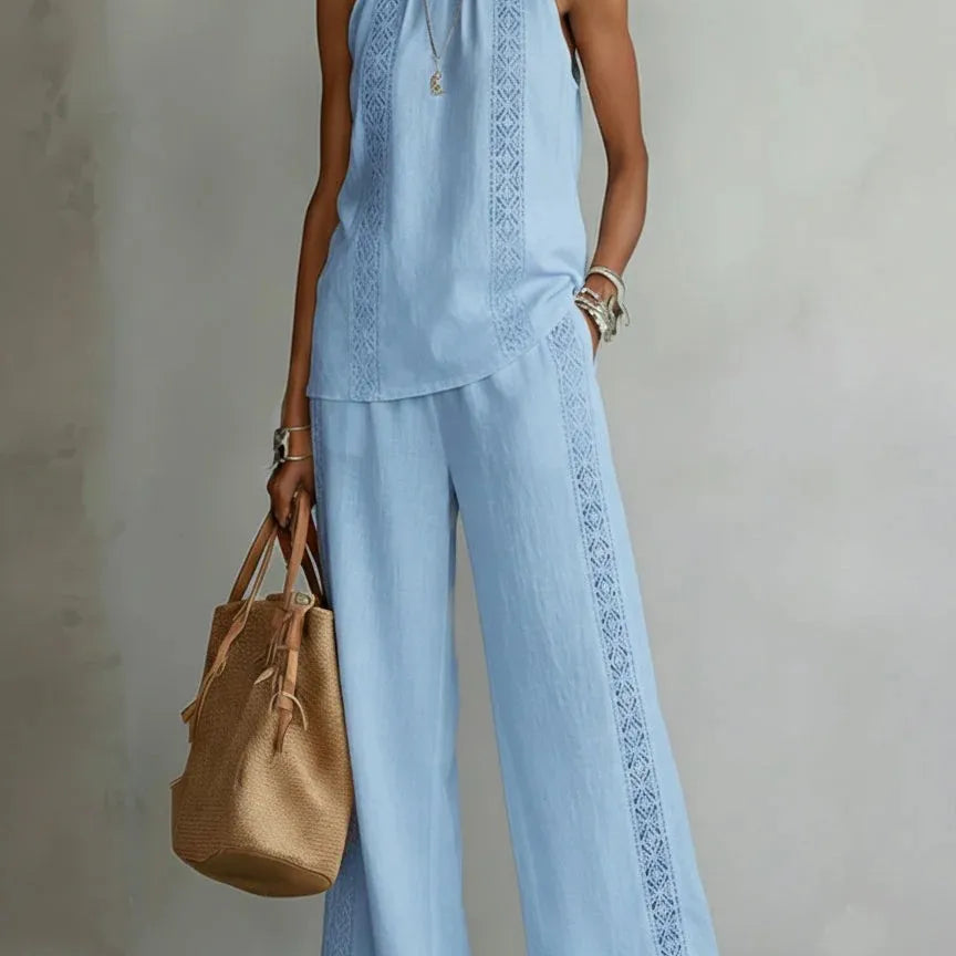 Women's Wide-Leg Trouser Set | Elegant Lace-Top Two-Piece Set