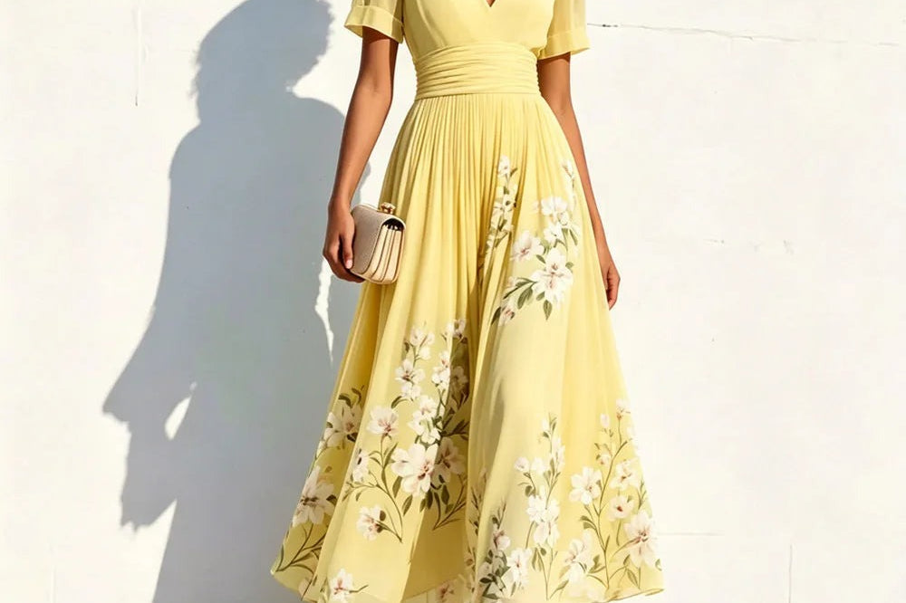 Paula - Women's Floral A-Line Midi Dress with Fitted Bodice