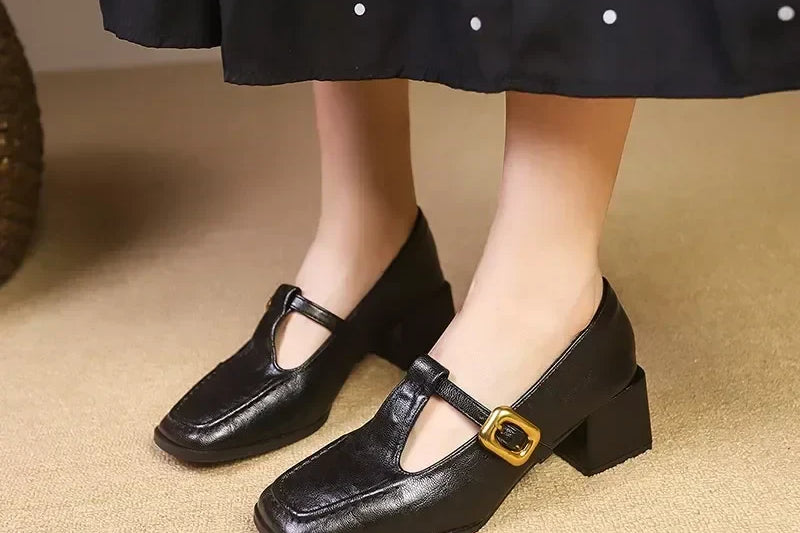 Women's Square Toe Mary Jane Heels | Gold Buckle Block Heels
