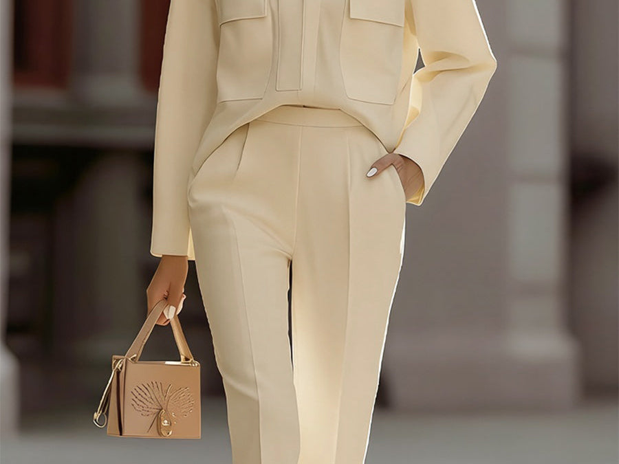 Shirt & Pants Set | Elegant Oversized Two-Piece Outfit with Stand Collar 1