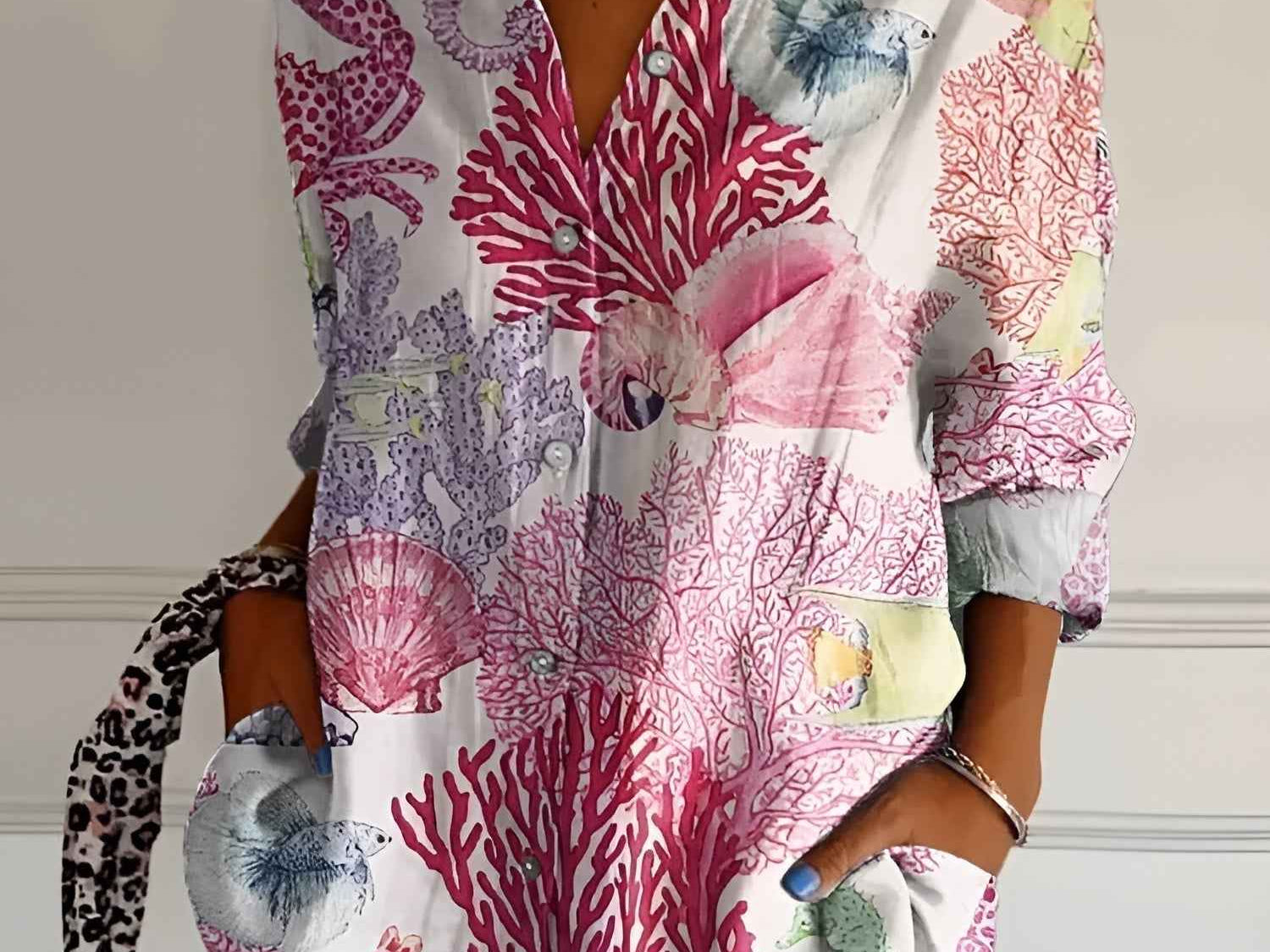 Shirt | V-Neck Printed Button-Down Top | Elegant Comfortable 0