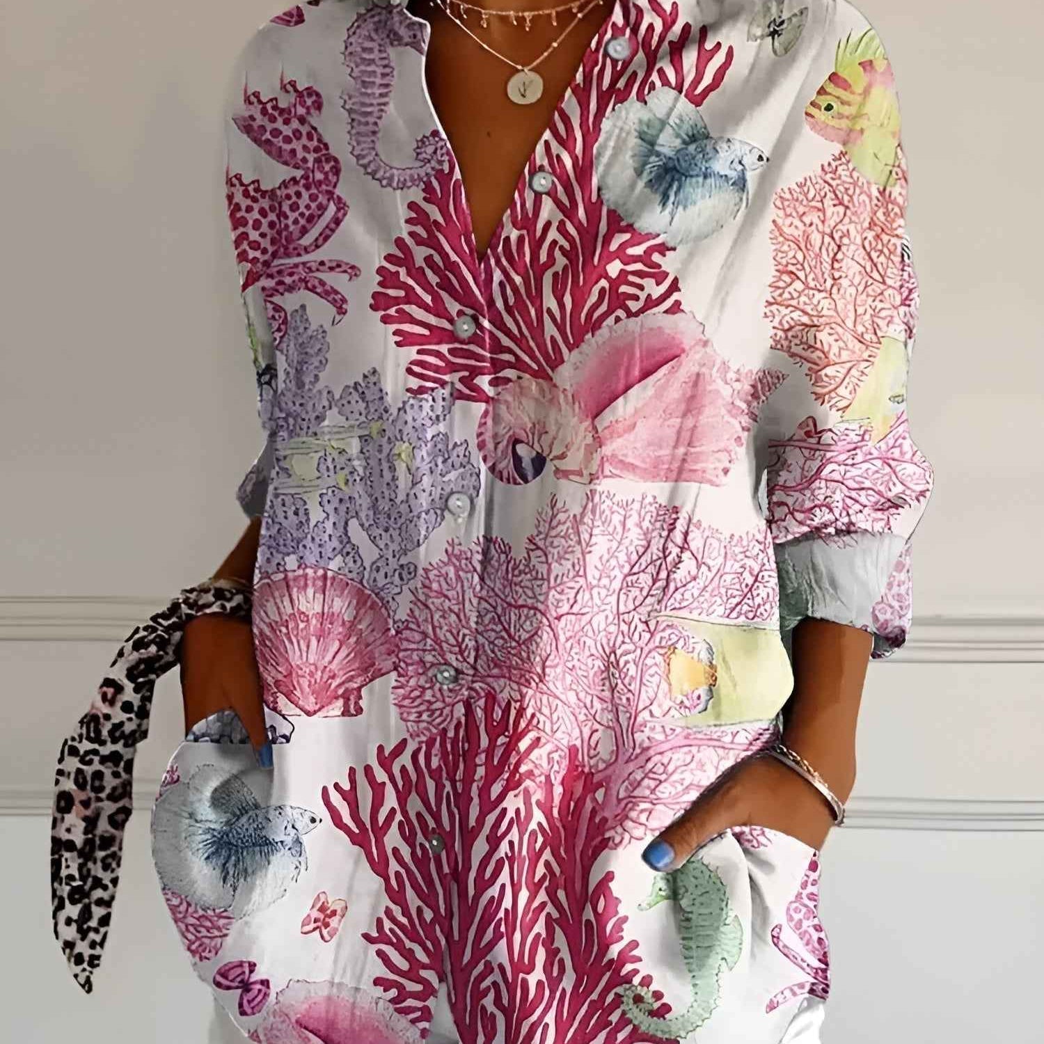 Shirt | V-Neck Printed Button-Down Top | Elegant Comfortable 0