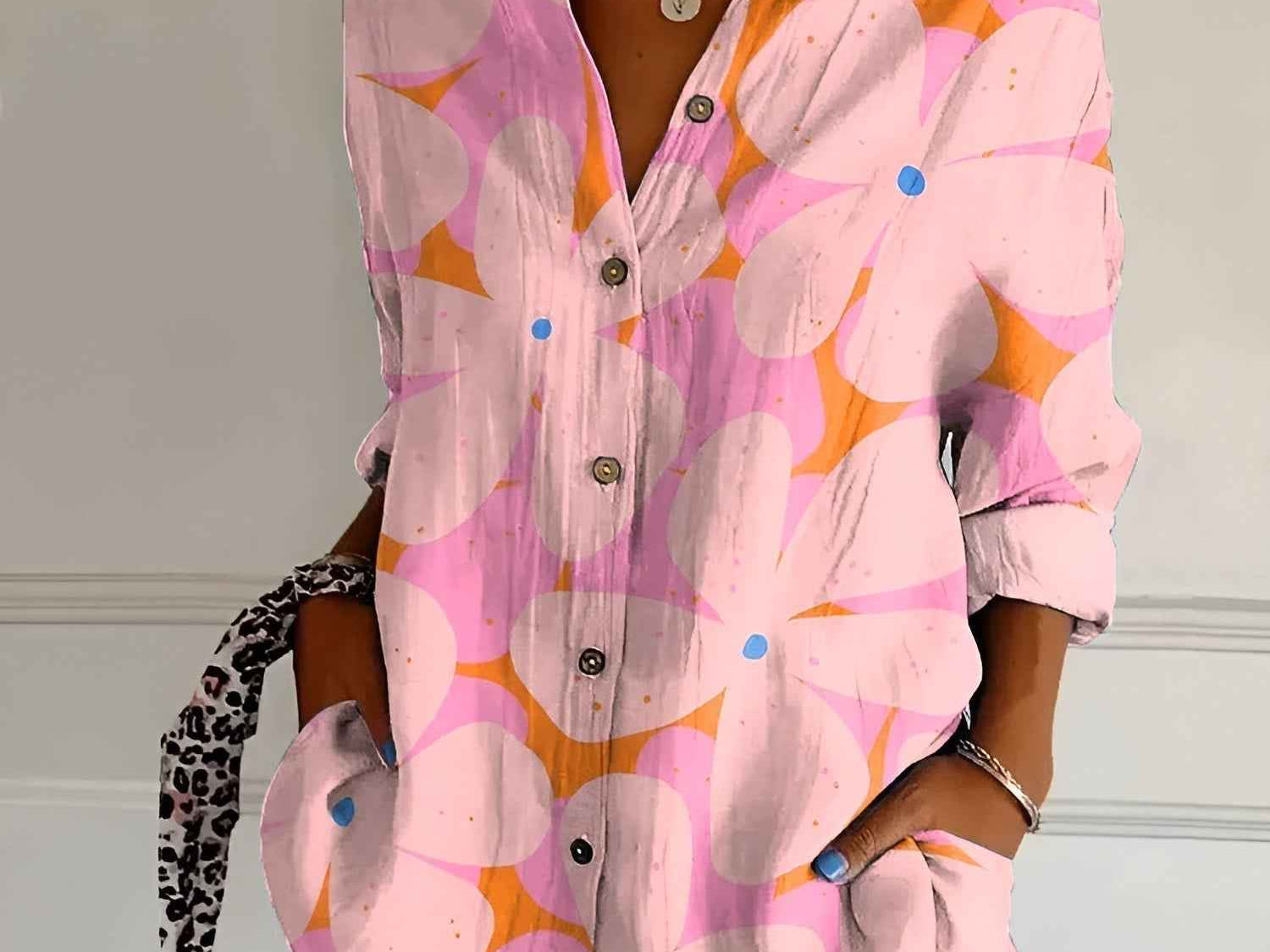 Shirt | V-Neck Printed Button-Down Top | Elegant Comfortable 1