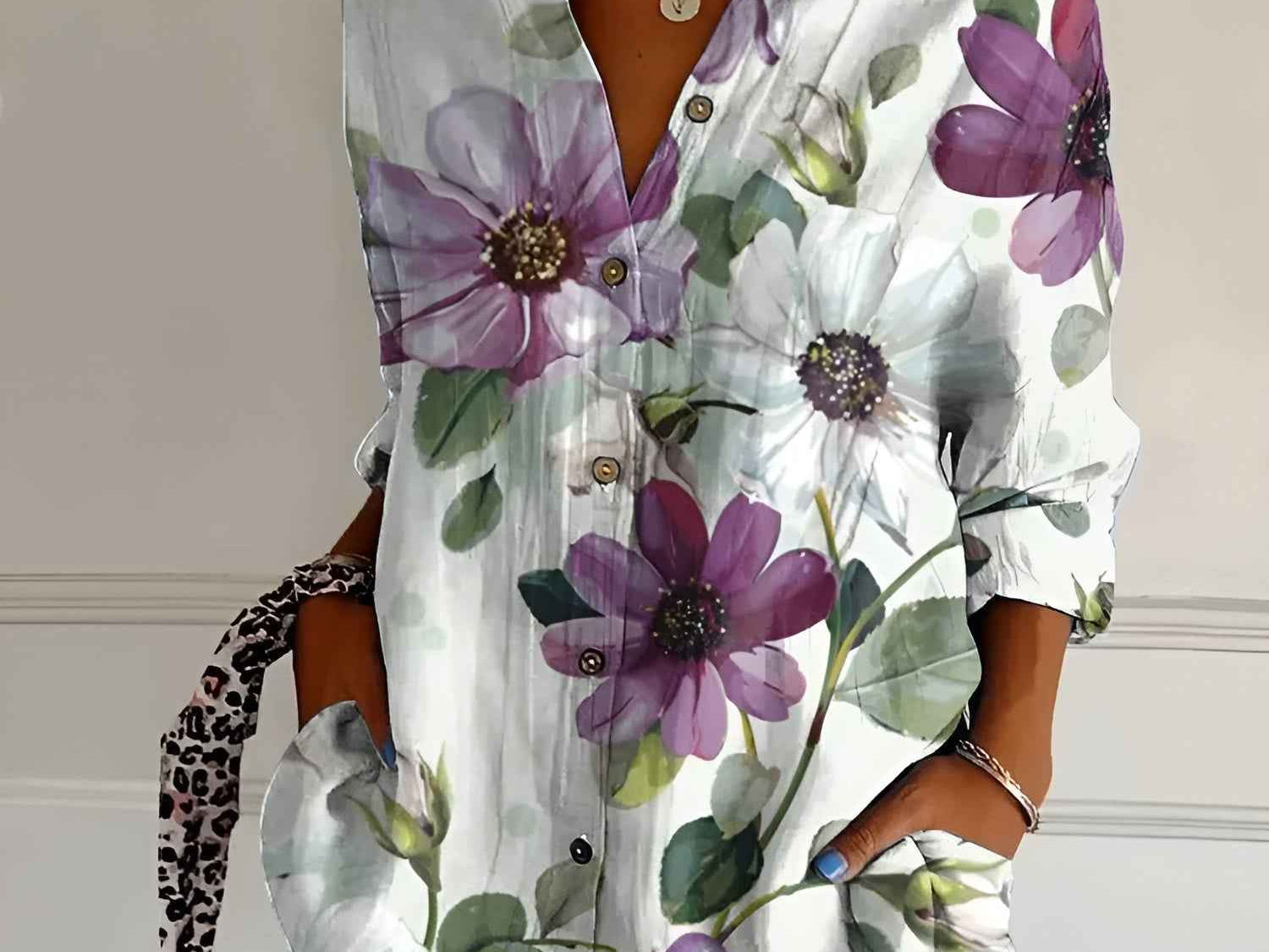 Shirt | V-Neck Printed Button-Down Top | Elegant Comfortable 7