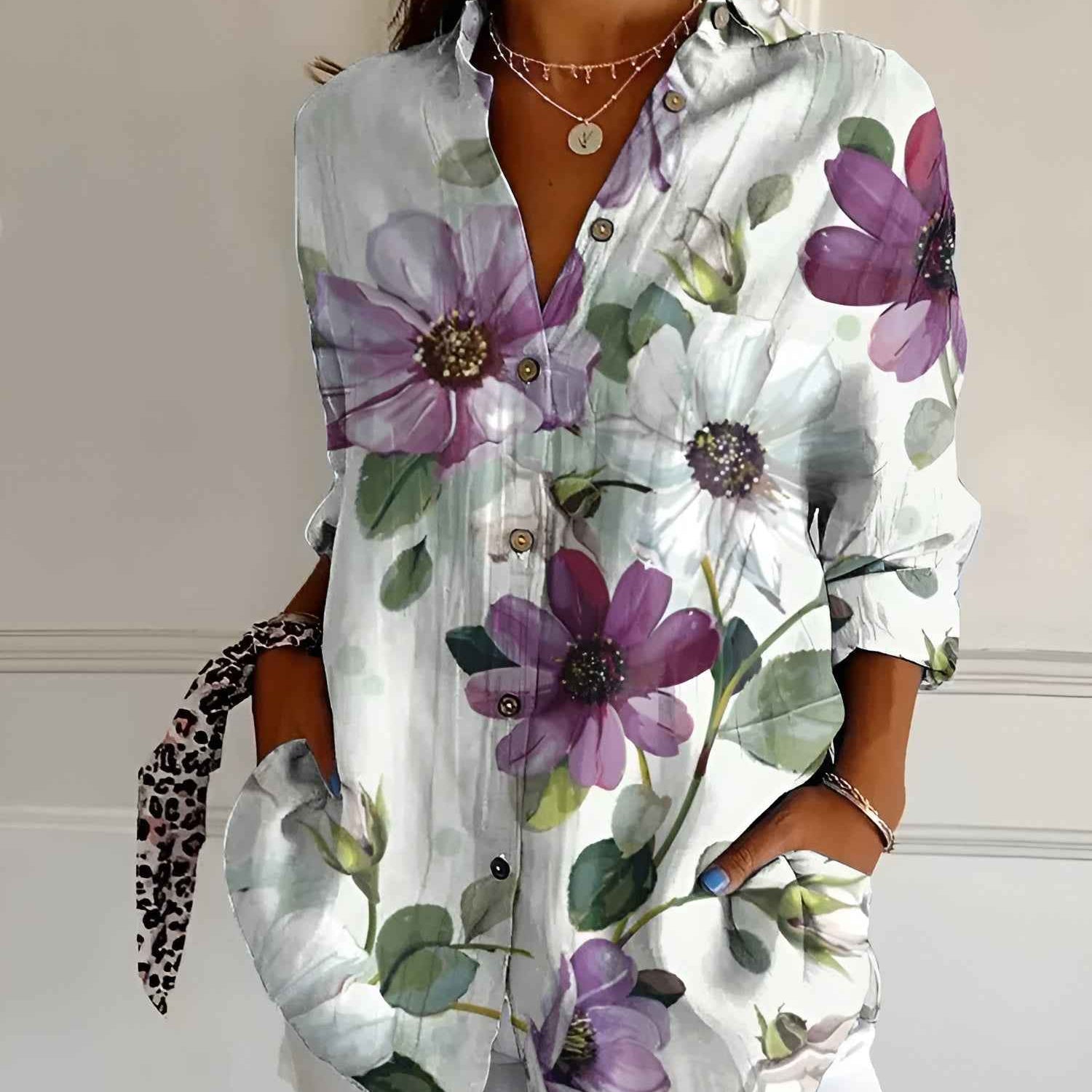 Shirt | V-Neck Printed Button-Down Top | Elegant Comfortable 7