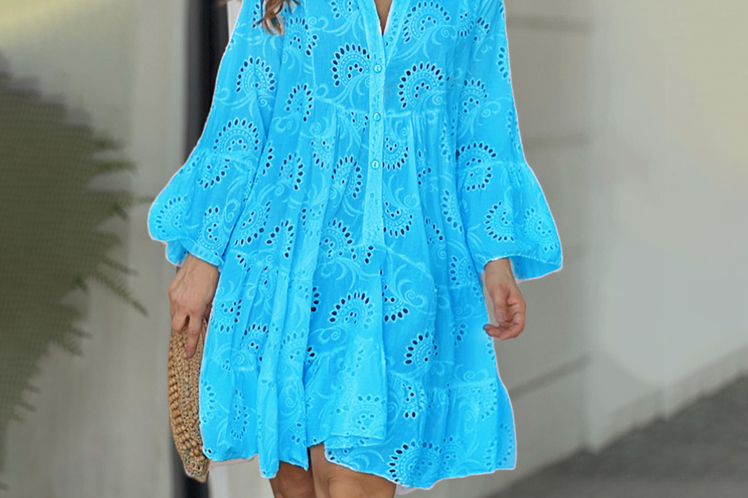 Women's Openwork Embroidered Summer Dress | Elegant Long-Sleeve V-Neck Dress