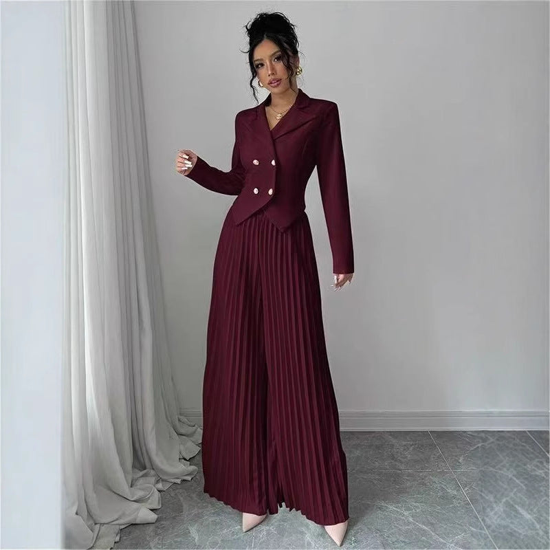 Suit Set | Double Breasted Blazer and Pleated Wide Leg Pants 1