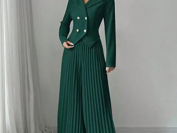 Suit Set | Double Breasted Blazer and Pleated Wide Leg Pants 3