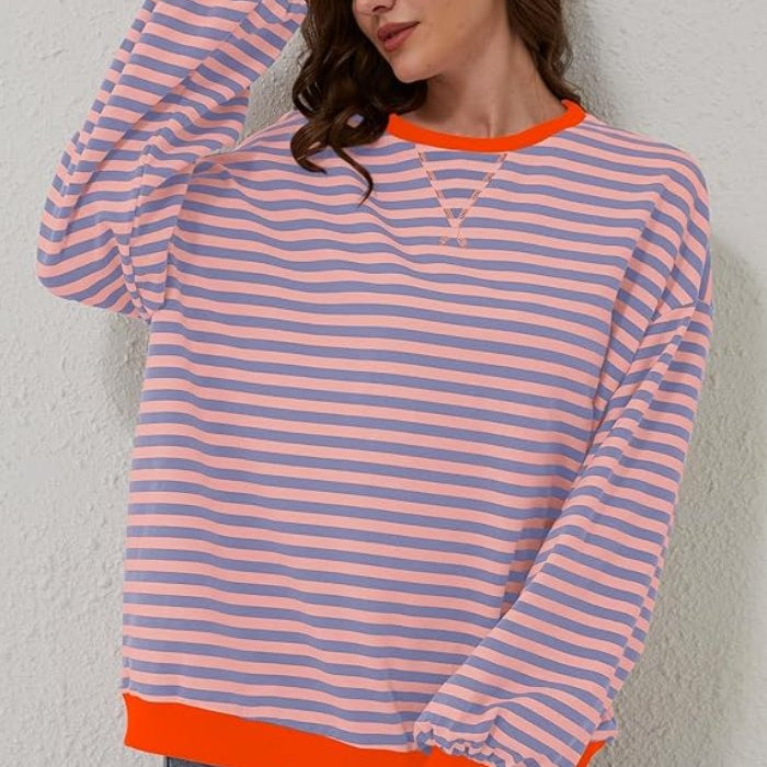 Sweatshirt | Oversized Striped Contrast-Trim Casual Top | Bold Comfortable 4